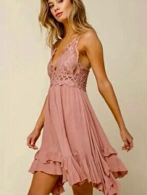 Free People One Adella Mini Slip Dress In Rose Pink Size Large
